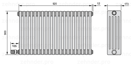 Схема (чертеж) Радиатор Zehnder Charleston 5090/20 №V003 Белый глянцевый RAL 9016